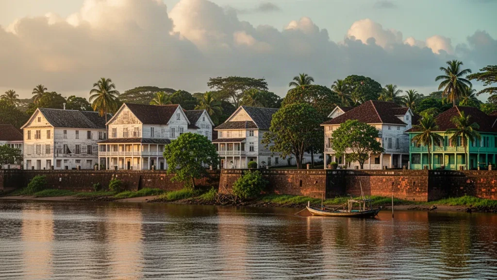 Paramaribo, Surinam'da Surinam Nehri kıyısı boyunca uzanan tarihi Hollanda sömürge dönemi ahşap binaları, altın saatte