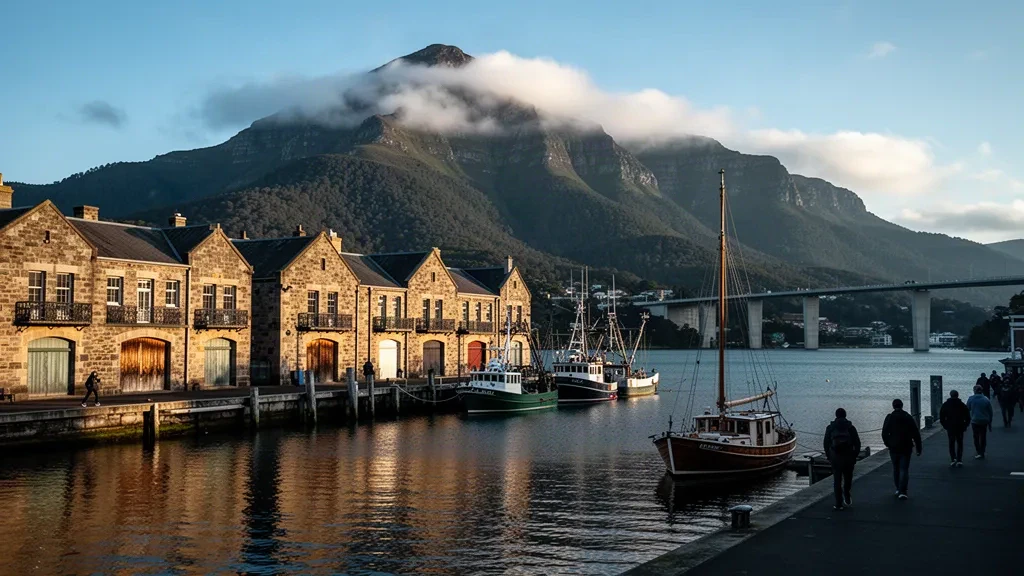 Hobarts Ufer und Constitution Dock mit dem dahinter aufragenden kunanyi Mount Wellington zur goldenen Stunde, Tasmanien, Australien