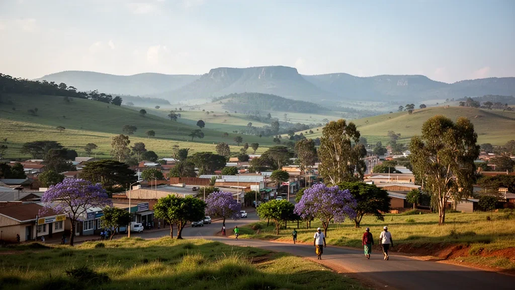 Collines verdoyantes et bâtiments de faible hauteur de la ville de Nhlangano dans la région de Shiselweni en Eswatini sous une lumière chaude d'après-midi