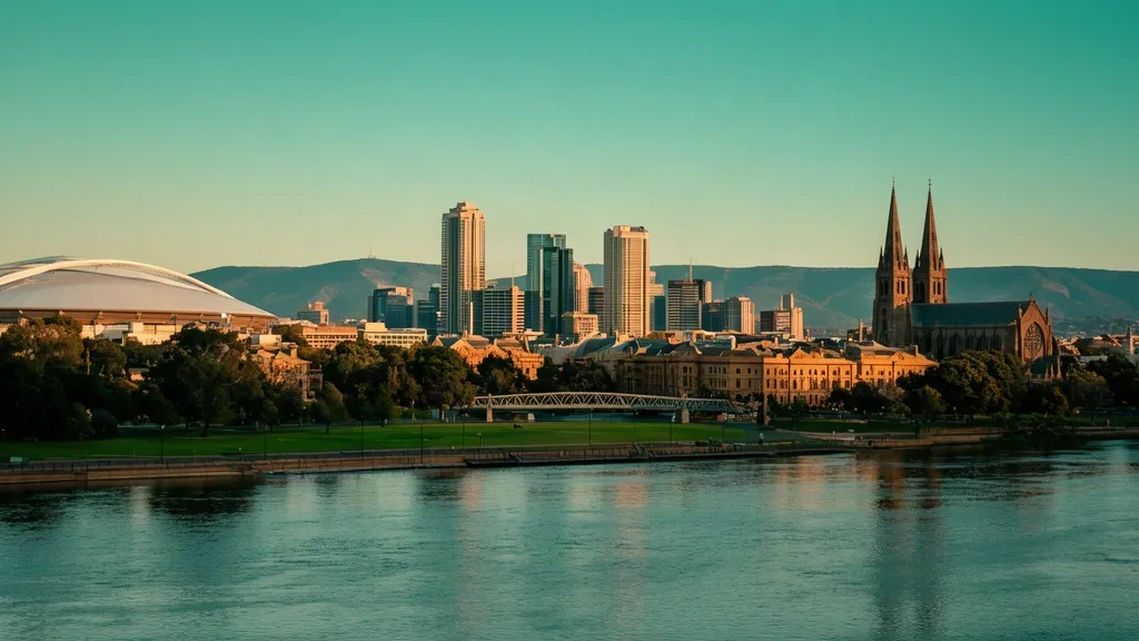 Skyline von Adelaide in der goldenen Stunde über den River Torrens, mit Adelaide Oval und St Peter's Cathedral in South Australia