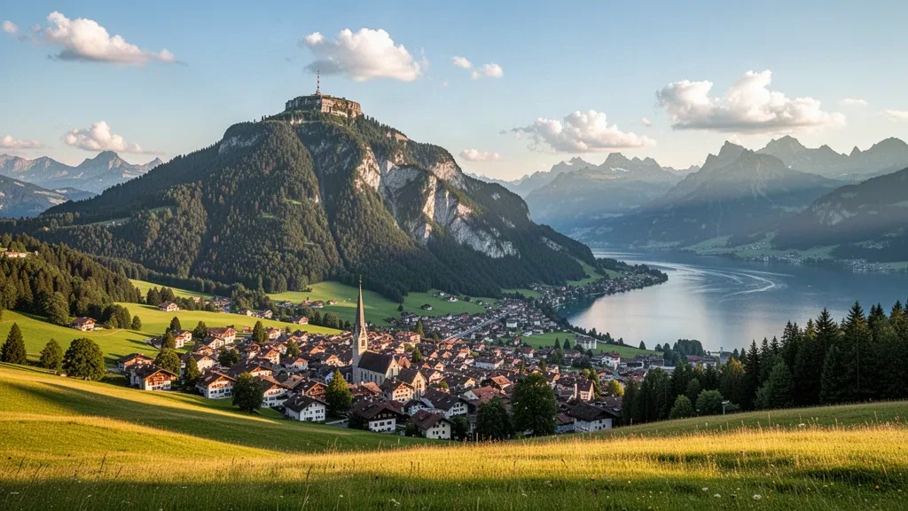 Le mont Stanserhorn s'élevant au-dessus de la ville de Stans à Nidwald, en Suisse, avec des prairies alpines et le lac des Quatre-Cantons au loin