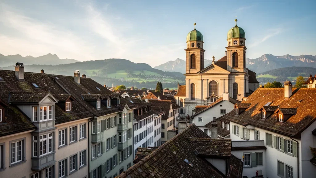 Les deux tours de la cathédrale abbatiale de Saint-Gall dominent les toits de la vieille ville en Suisse dans une chaude lumière de fin d'après-midi