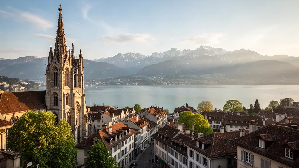 Panorama de la cathédrale de Lausanne et du Léman à l'heure dorée, Vaud, Suisse