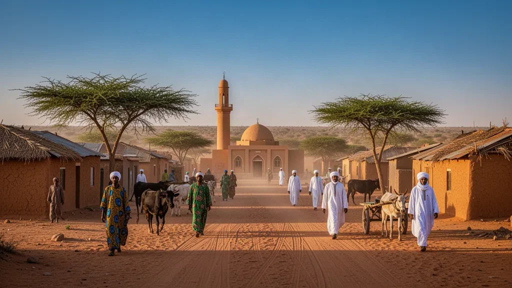 Paysage urbain sahélien dans le Kordofan occidental, au Soudan, avec des maisons en briques de terre, un minaret de mosquée et des acacias dans une lumière chaude d'après-midi