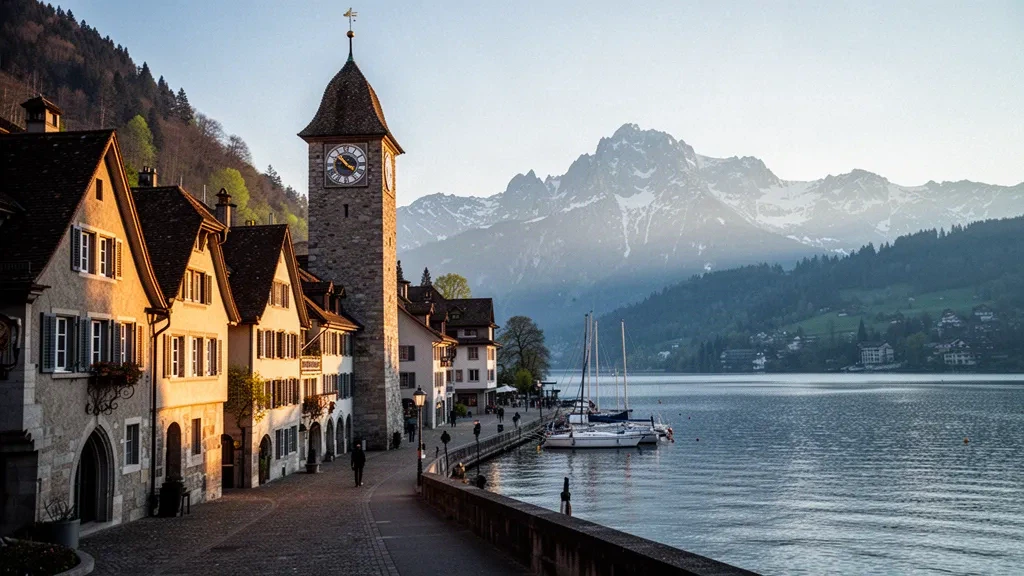 Zuger Altstadt mit dem Zytturm und der Uferpromenade des Zugersees zur goldenen Stunde in der Schweiz