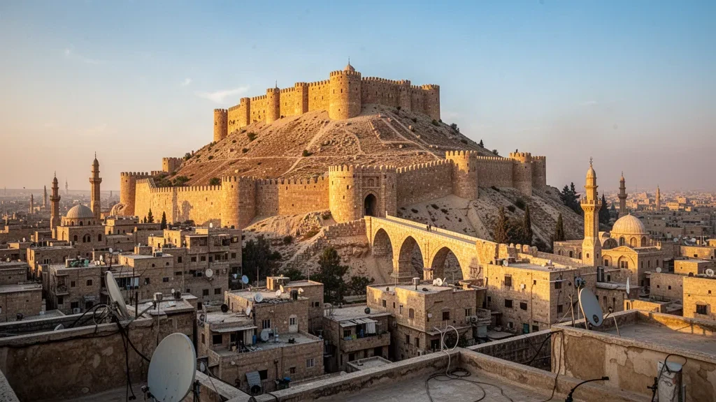 La Cittadella di Aleppo che si erge sopra gli antichi tetti in pietra e i minareti della Città Vecchia di Aleppo in Siria durante l'ora d'oro