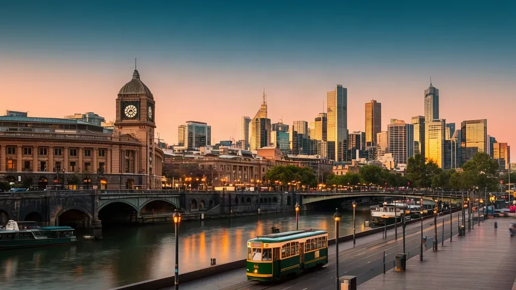 Melbourne skyline and Yarra River at golden hour with Flinders Street Station and Southbank, Victoria, Australia