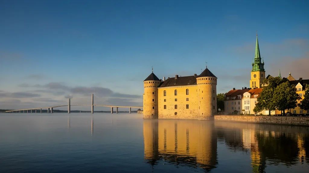 Schloss Kalmar und sein Burggraben an der Ostseeküste zur goldenen Stunde, mit der Ölandbrücke in der Ferne