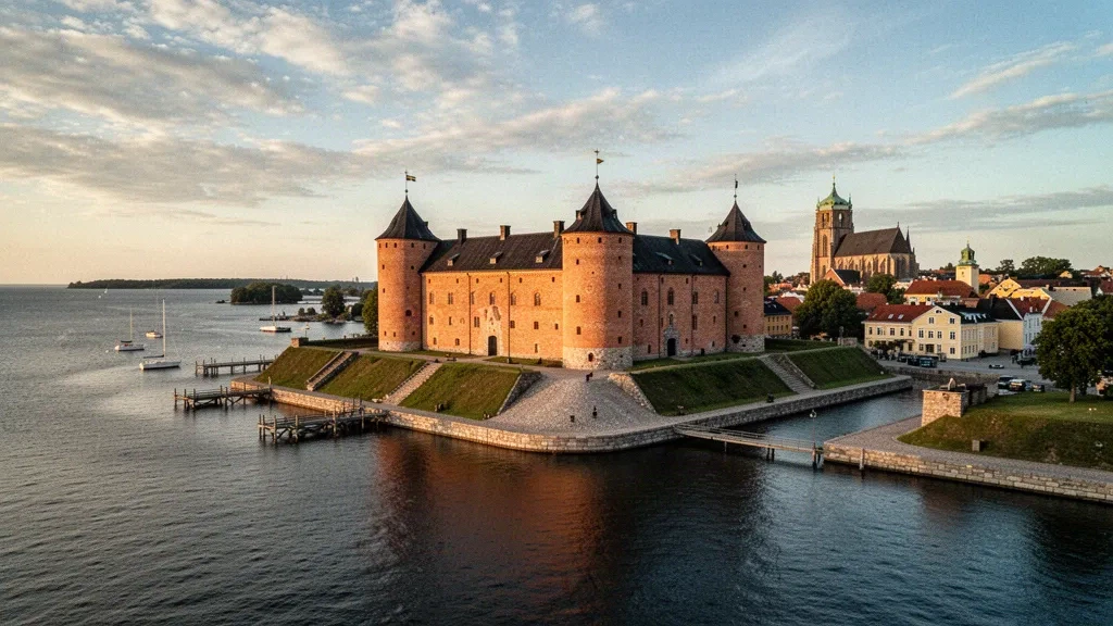 Fortaleza del castillo de Kalmar en el paseo marítimo de Kalmar, Suecia, iluminada por la cálida luz del sol de finales de la tarde de verano sobre el mar Báltico