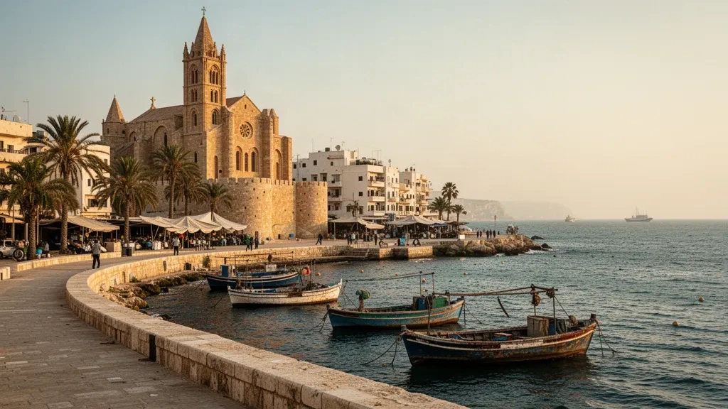 Uferpromenade von Tartus, Syrien, mit der Kathedrale Unserer Lieben Frau von Tortosa aus der Kreuzfahrerzeit über der mediterranen Corniche und festgemachten Fischerbooten