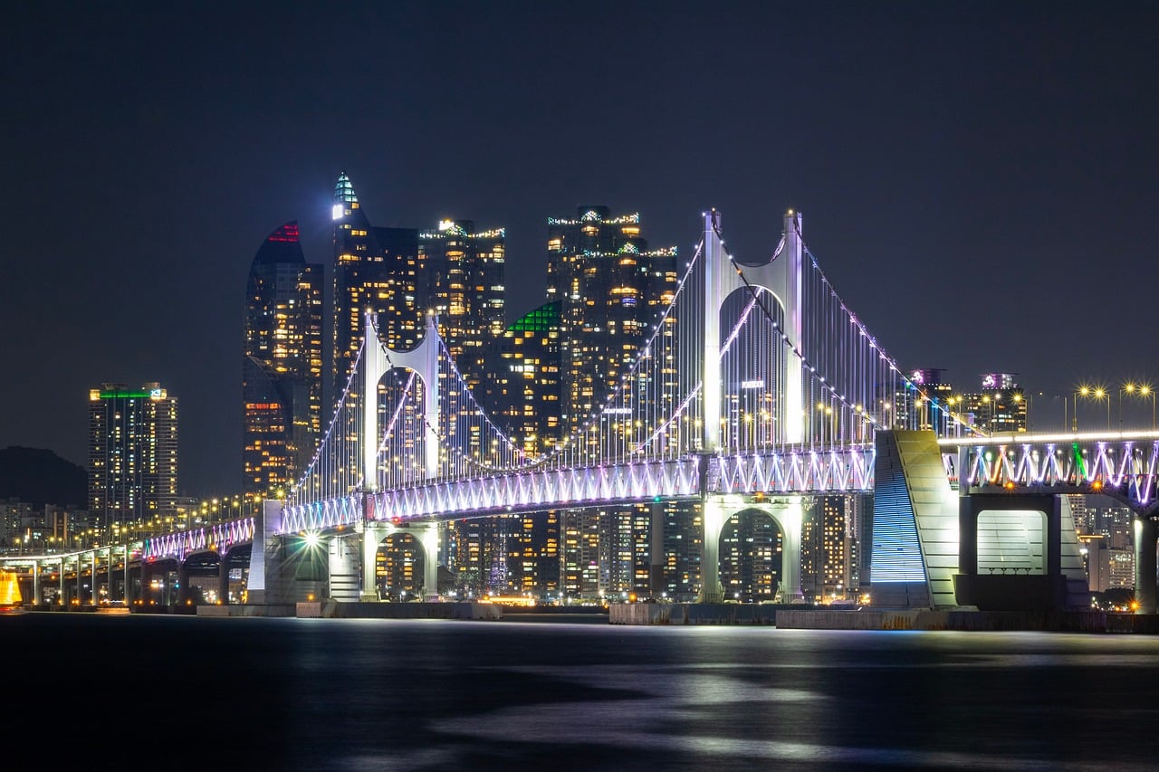 ponte, luci, città, notte, mare, illuminato, skyline, corea del sud, ponte gwangan, busan, acqua, grattacielo, autostrada, traffico pendolare, edificio alto, distanza, fotografia, riflesso, natura, turismo