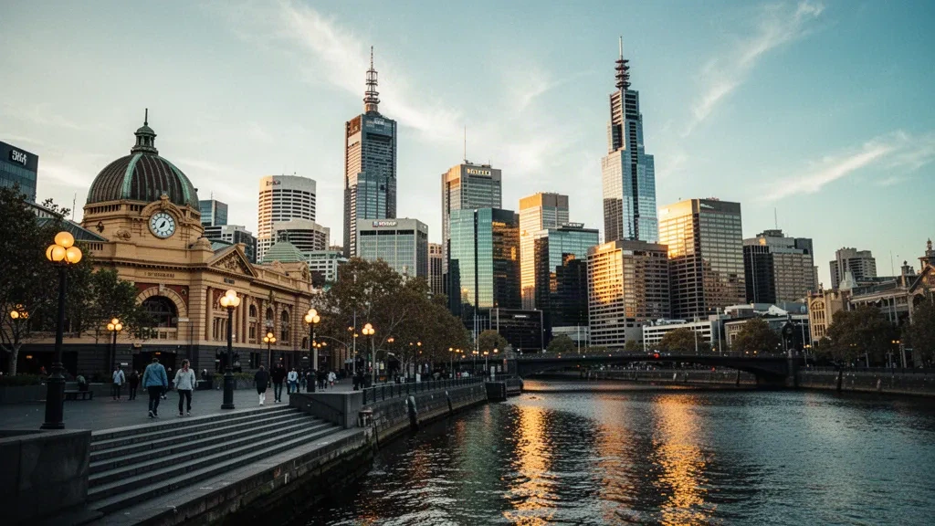 Melbourne city skyline along the Yarra River at golden hour with Flinders Street Station and Southbank, Victoria, Australia