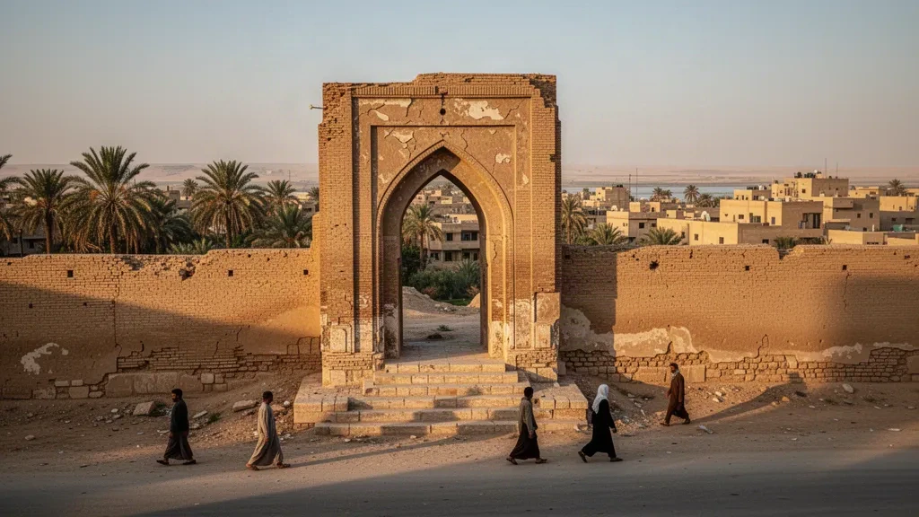 The historic Abbasid Baghdad Gate in Raqqa, Syria, lit by warm late-afternoon light along the old city wall