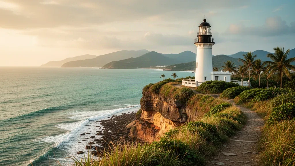 Der Leuchtturm Eluanbi auf einer Kalksteinklippe über der türkisfarbenen Pazifikküste des Kenting-Nationalparks in Pingtung, Taiwan