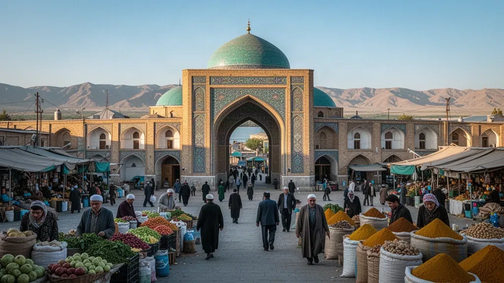 Bazar Panjshanbe a Khujand, Sughd, Tagikistan, con la sua sala del mercato in mattoni ad archi e una vivace scena di strada dell'Asia centrale.