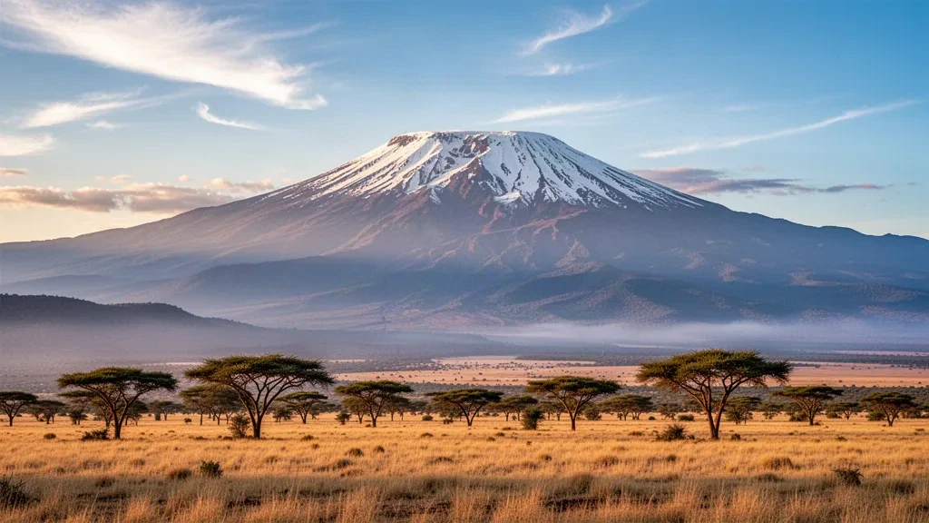 Le mont Kilimandjaro enneigé s'élevant au-dessus des plaines de savane parsemées d'acacias en Tanzanie sous la lumière chaude du matin
