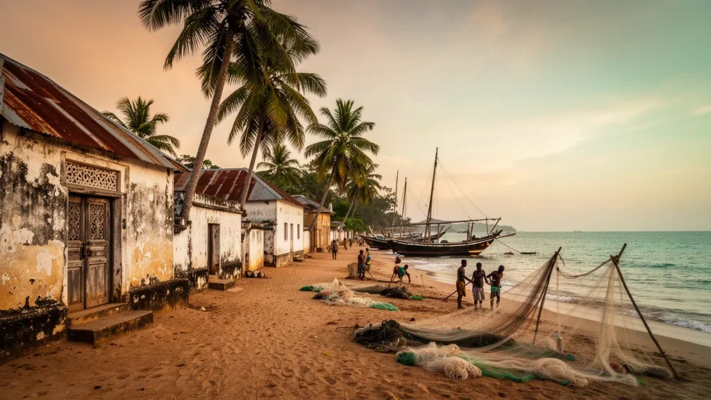 Bagamoyo, Pwani Bölgesi, Tanzanya'da Hint Okyanusu kıyısı boyunca dhows ve mercan taşı binalar