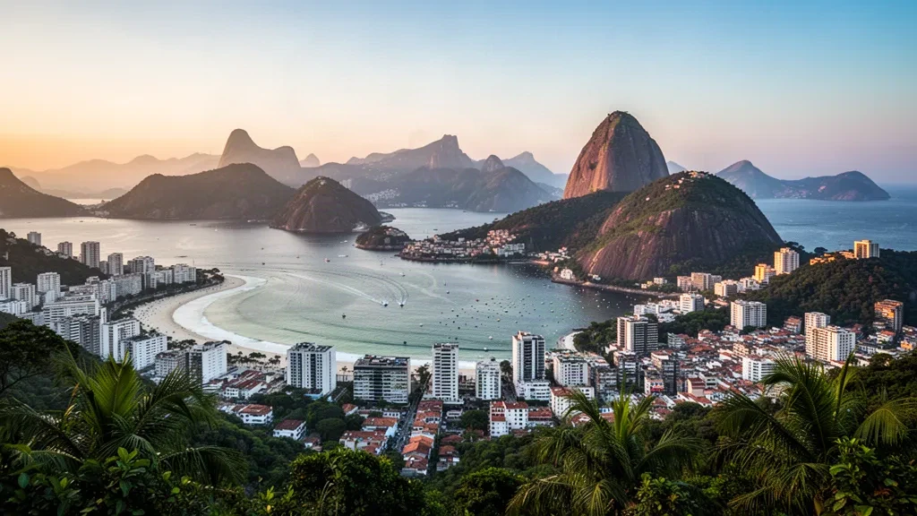 Skyline di Rio de Janeiro con il Pan di Zucchero e la Baia di Guanabara all'ora d'oro, iconico paesaggio costiero brasiliano