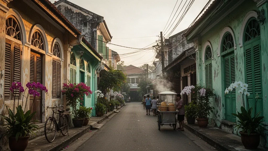 Veduta durante l'ora d'oro lungo Yomjinda Road nella Città Vecchia di Rayong, Thailandia, fiancheggiata da case a schiera sino-portoghesi restaurate in calda luce tropicale