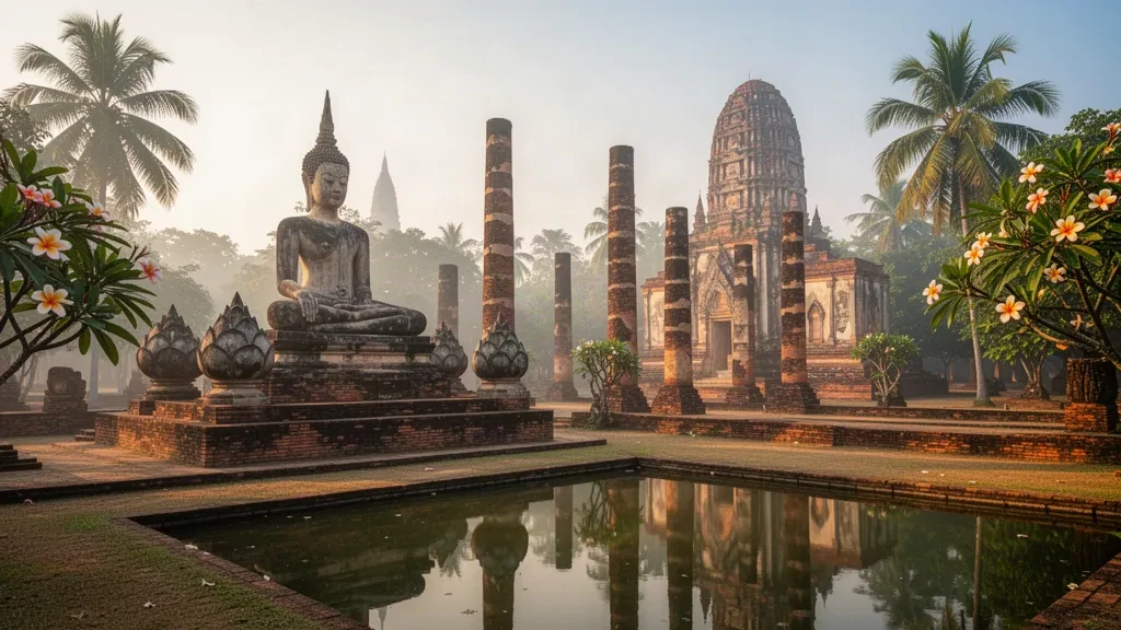 Tayland'daki Sukhothai Tarihi Parkı'nda bir gölette yansıması görülen oturan Buda heykeli ve lotus tomurcuğu biçimli chedi kalıntıları