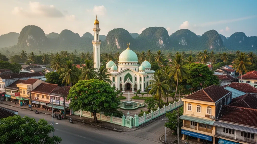 Yala city central mosque with slender minaret rising above palm trees at golden hour in southern Thailand