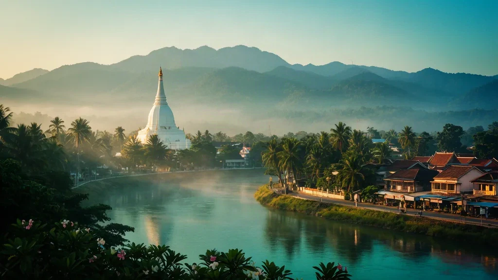 Weißer Chedi des Wat Mahathat am Ufer des Pa Sak in Phetchabun, Thailand, mit nebligen Bergen bei Sonnenaufgang