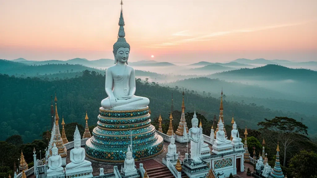Estatua de Buda blanca de cinco niveles en el templo Wat Pha Sorn Kaew, en la cima de una montaña brumosa de Phetchabun, Tailandia, al amanecer