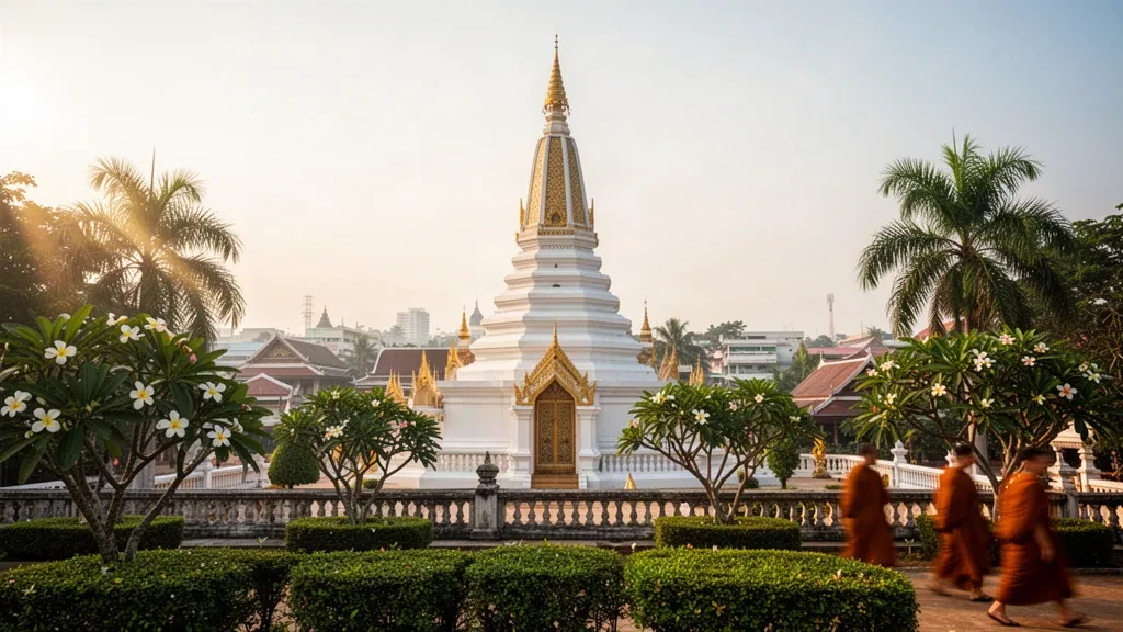 Golden-hour view of the white and gold chedi at Wat Phra That Nong Bua in Ubon Ratchathani, Thailand
