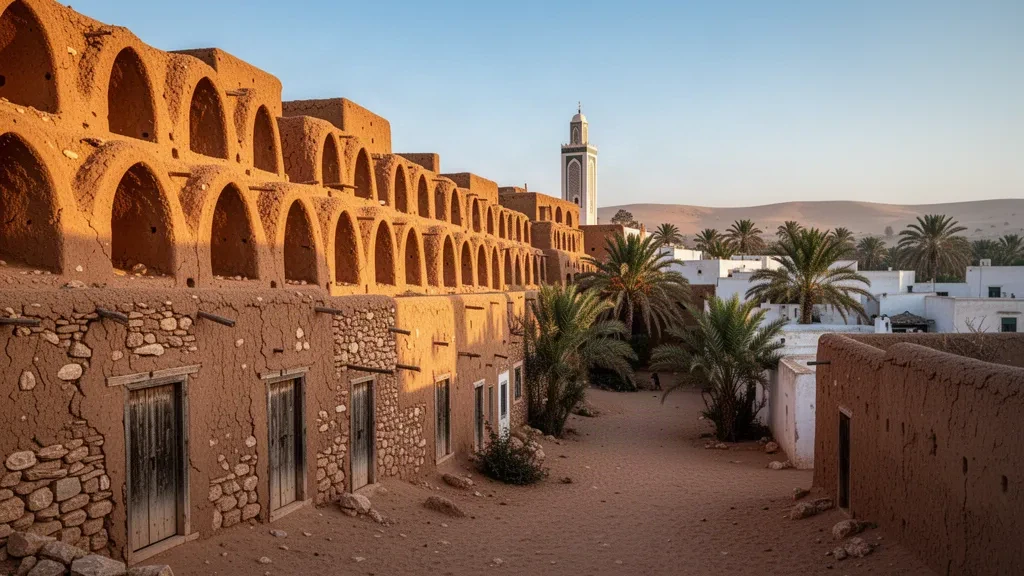 Ockerfarbene Steingewölbe der Ghorfa des historischen Ksar von Medenine im Süden Tunesiens im warmen Licht der goldenen Stunde der Wüste