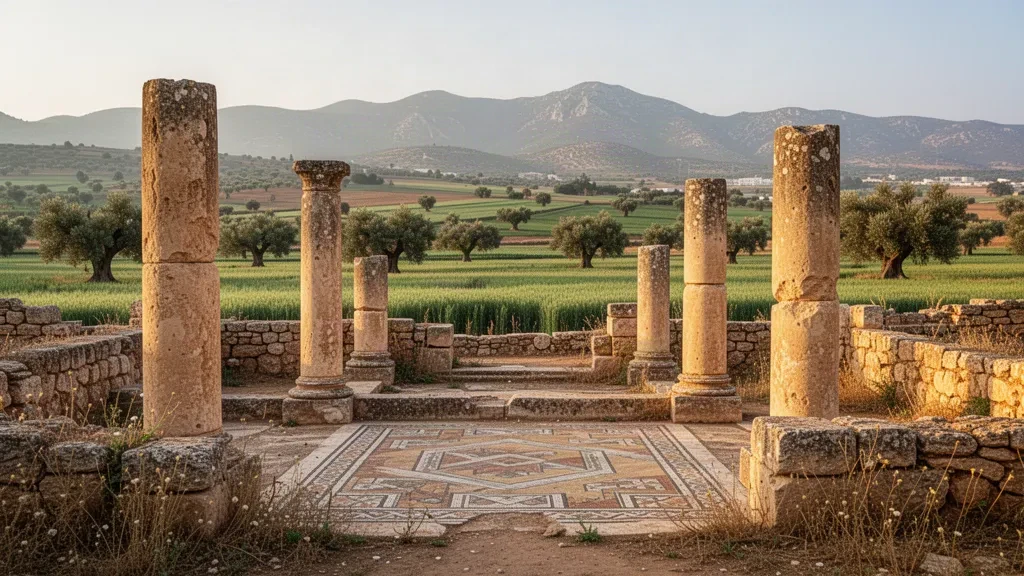 Ruines romaines antiques et sols en mosaïque à Bulla Regia près de Jendouba, en Tunisie, éclairés par la lumière chaude de la fin d'après-midi