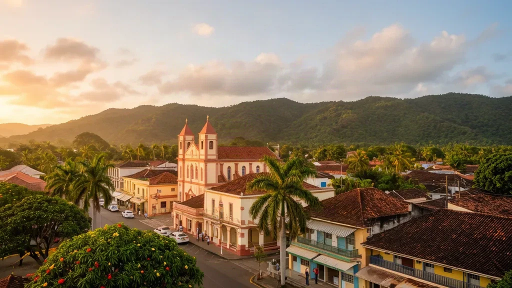 Vue à l'heure dorée sur Siparia, Trinité-et-Tobago, montrant l'église de la ville, les rues bordées de palmiers et les collines verdoyantes du sud.