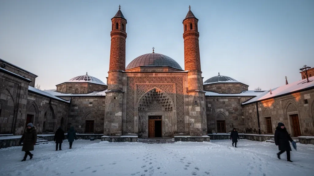 Erzurum, Türkiye'de karla kaplı ikiz minareler ve Çifte Minareli Medrese'nin oymalı taş portali, kış alacakaranlığında