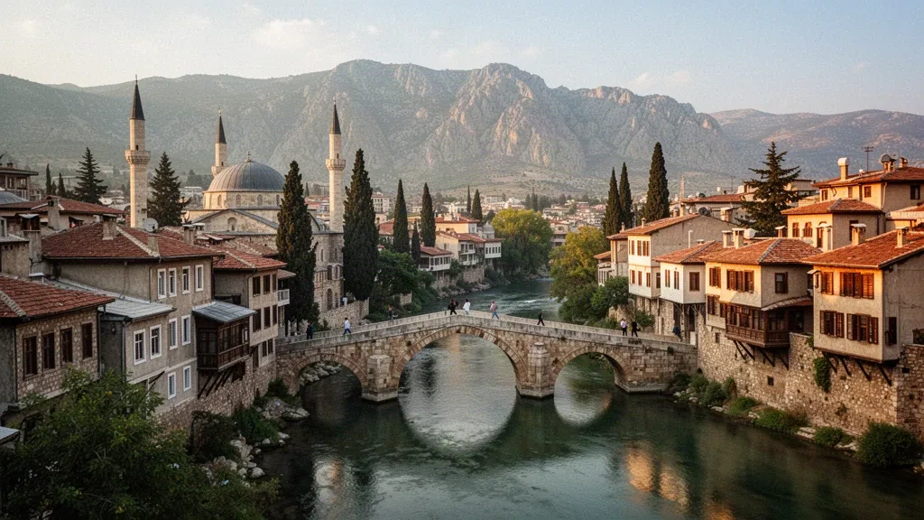 Casco antiguo histórico de Antakya en Hatay, Turquía, junto al río Orontes con casas de piedra, minaretes y el monte Habib-i Neccar en la hora dorada