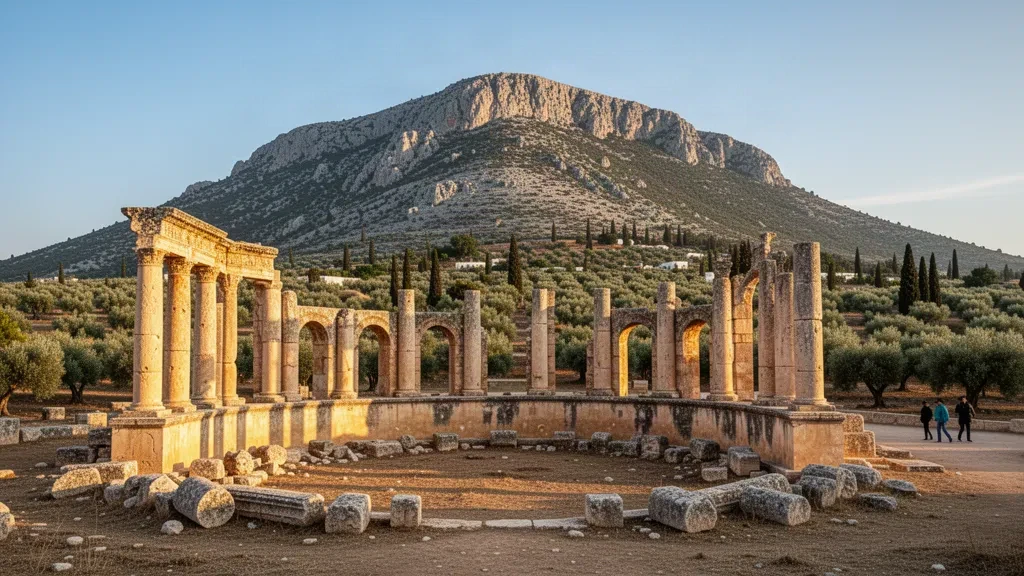 Ruines du temple romain des Eaux à Zaghouan, Tunisie, avec les pentes escarpées du Djebel Zaghouan s'élevant derrière les anciennes colonnes de pierre