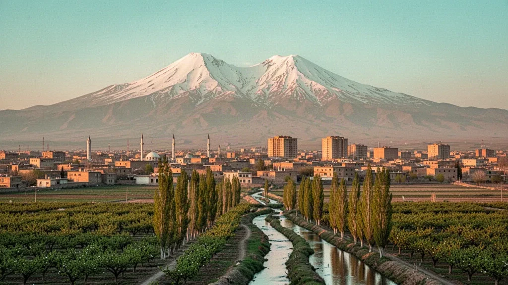 Monte Ararat innevato che si erge dietro la pianura di Iğdır, i frutteti e lo skyline della città nella Turchia orientale all'ora d'oro