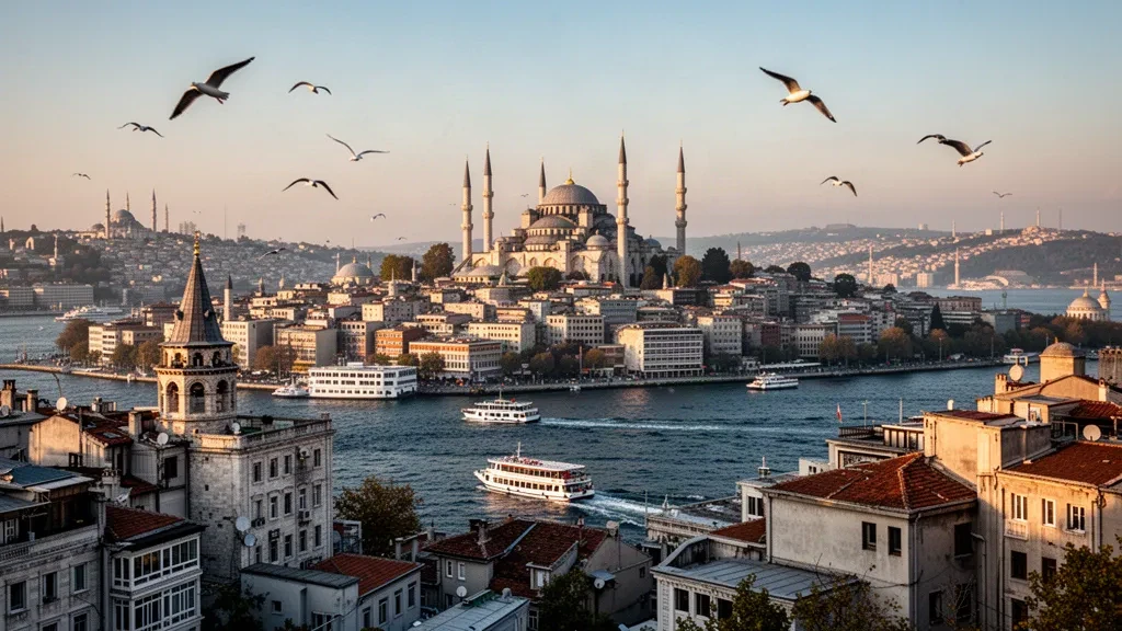 İstanbul'un tarihi silüetinin altın saatte, Boğaziçi üzerinde cami kubbeleri ve minarelerle görünümü