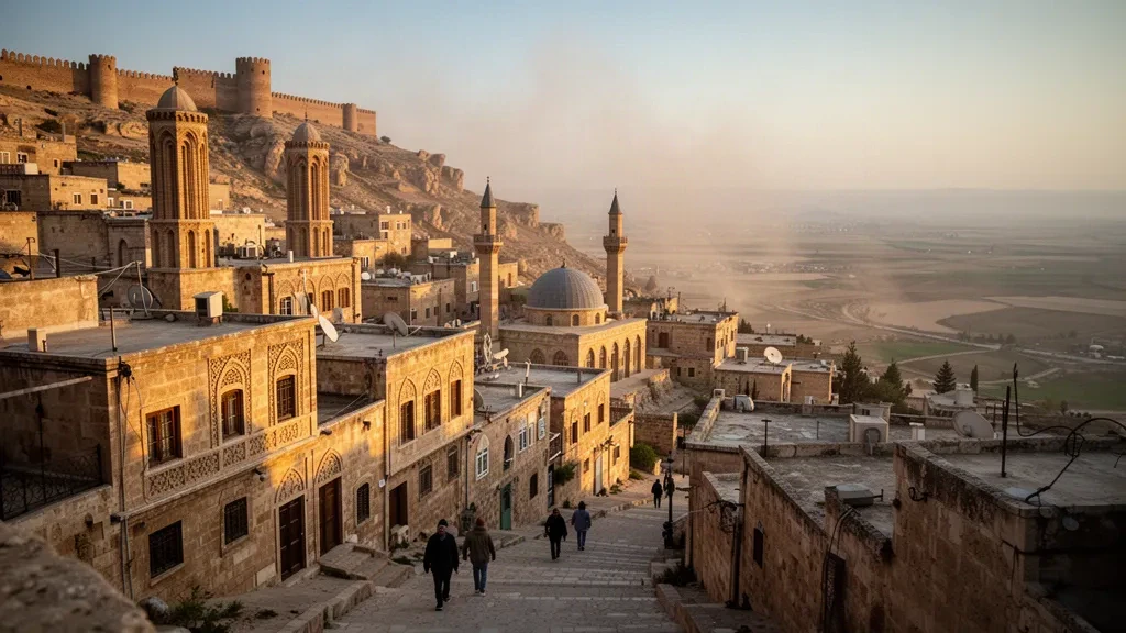 Vista durante la hora dorada del casco antiguo de piedra color miel de Mardin, con minaretes y casas históricas dominando la llanura mesopotámica en Turquía.