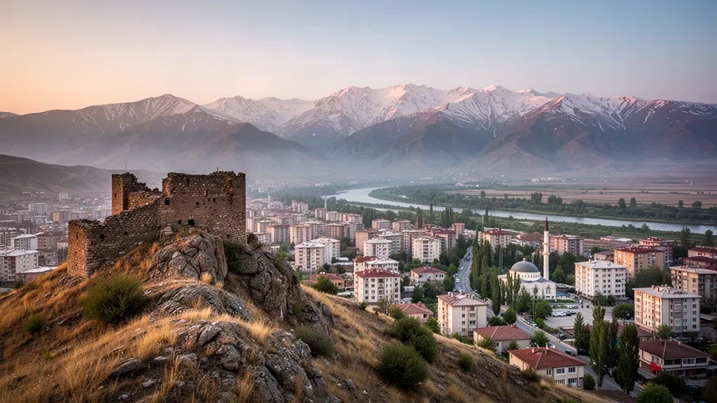 Erzincan city panorama with hilltop castle and snow-streaked eastern Anatolian mountains at golden hour in Turkey