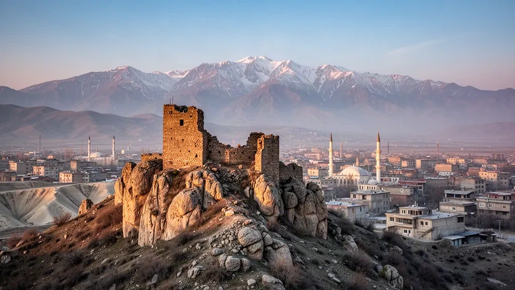 Le château de Şırnak sur sa colline rocheuse surplombant la ville et les monts Şırnak saupoudrés de neige dans le sud-est de la Turquie à l'heure dorée