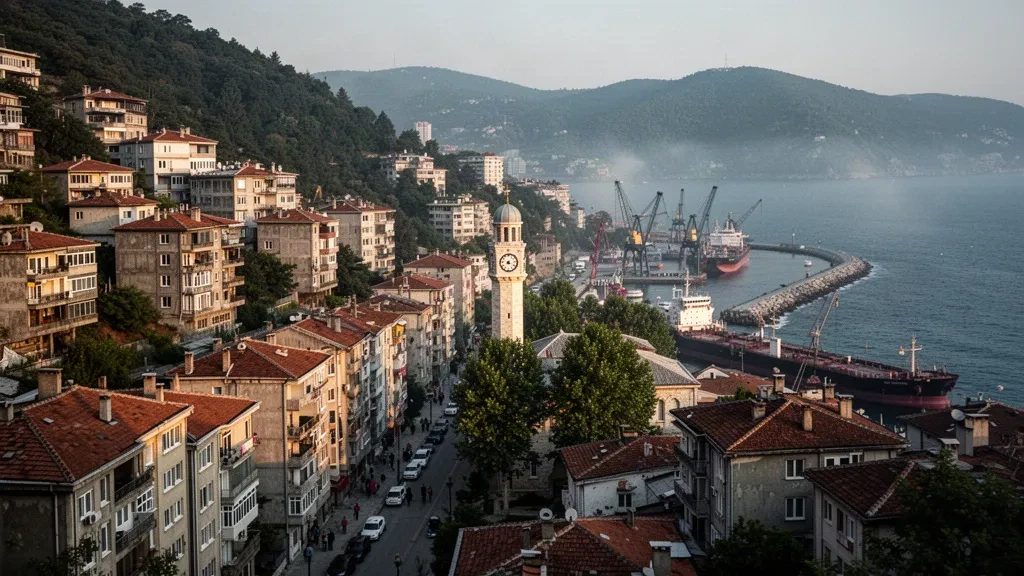 Panorama de Zonguldak s'élevant sur la colline au-dessus du port de la mer Noire, avec sa tour de l'horloge historique dans une lumière chaude de fin d'après-midi
