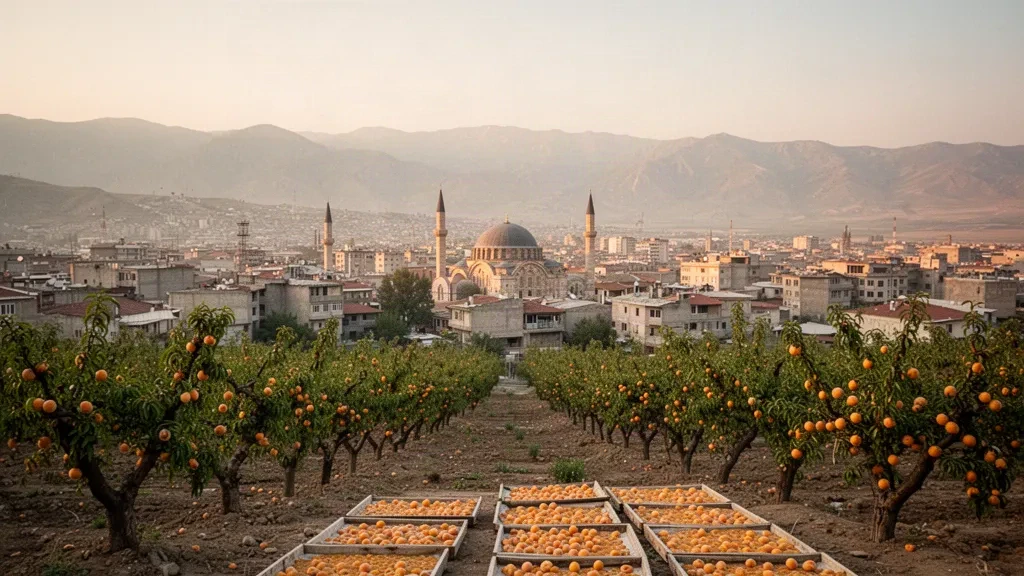 Frutteti di albicocchi sulla piana anatolica nell'ora dorata con i tetti, i minareti e le cupole di Malatya, Turchia, all'orizzonte