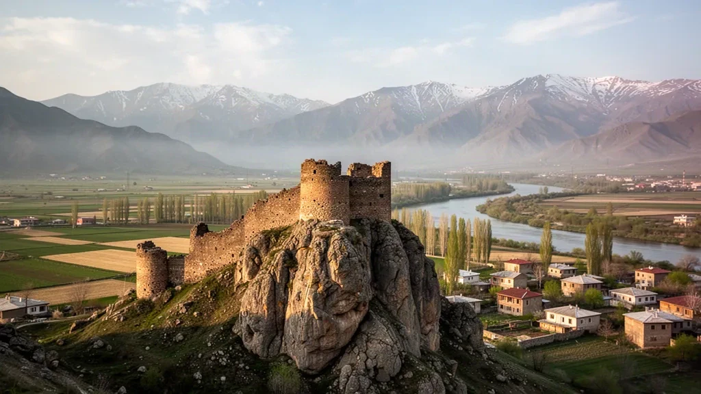 Ruines historiques de la forteresse en pierre du château de Muş surplombant la plaine de Muş et la ville dans l'est de la Turquie à l'heure dorée