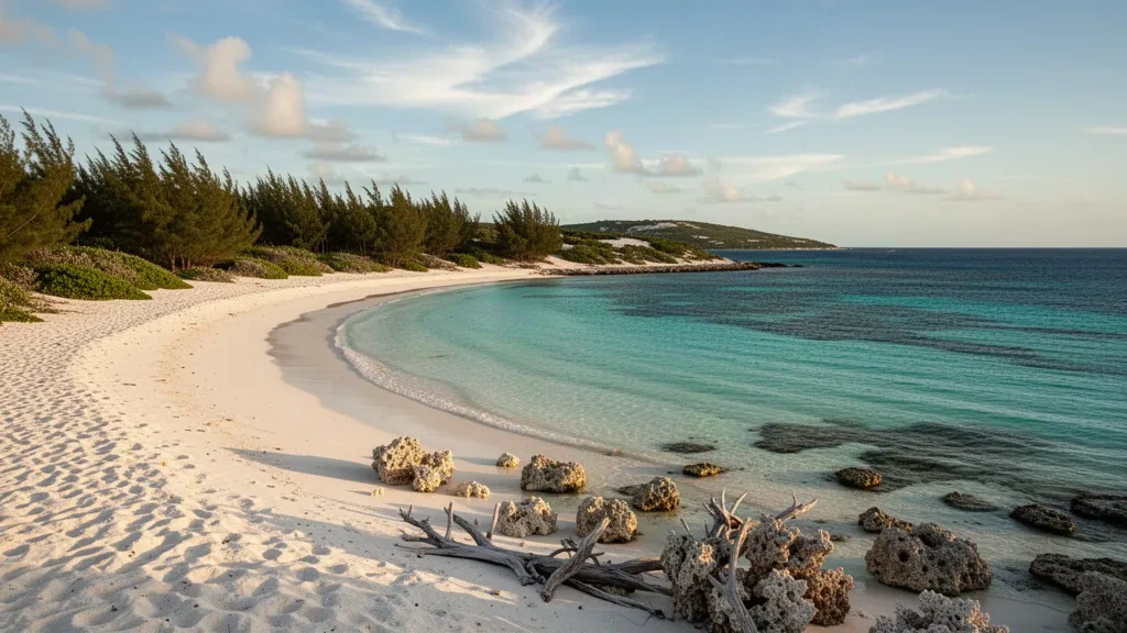 Sabbia bianchissima e fondali turchesi poco profondi a Horsestable Beach, a North Caicos, nelle Turks and Caicos Islands