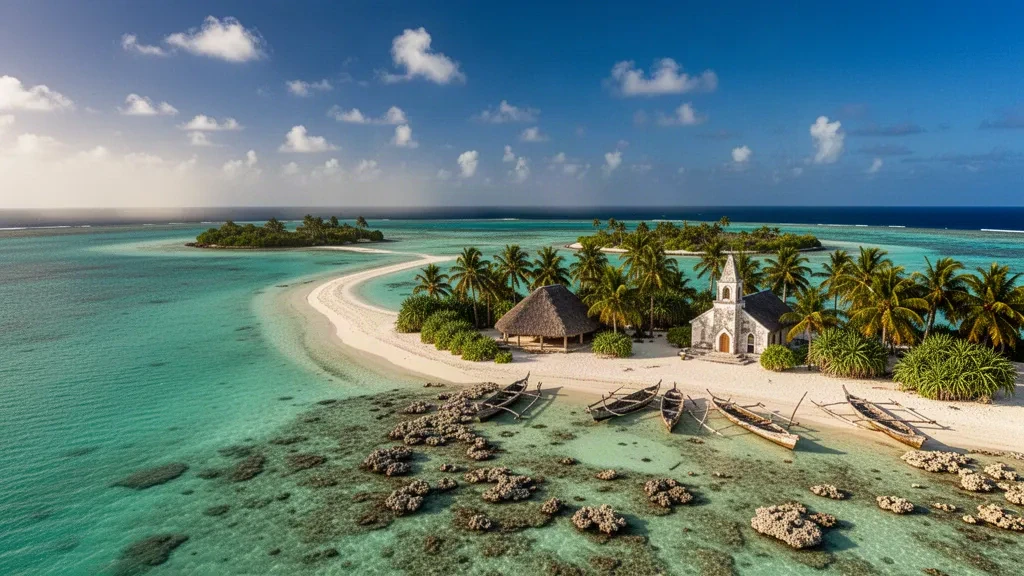Laguna turchese e palme da cocco lungo la riva dell'isolotto di Savave nell'atollo di Nukufetau, Tuvalu