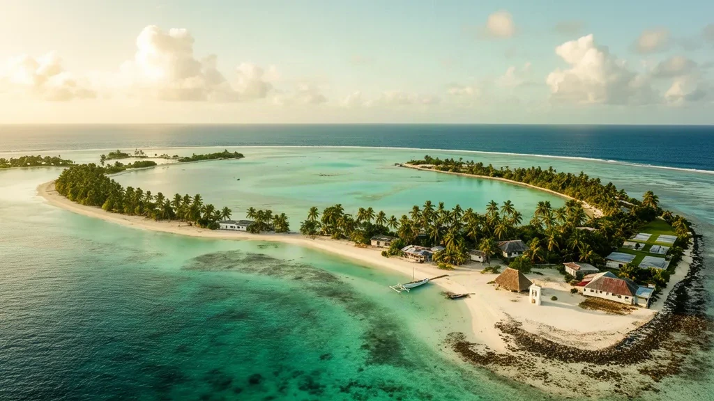Tuvalu'daki Nukufetau atolünün turkuaz lagünü, beyaz kumlu adacıkları, hindistan cevizi palmiyeleri ve küçük bir ada yerleşimini gösteren havadan görünümü