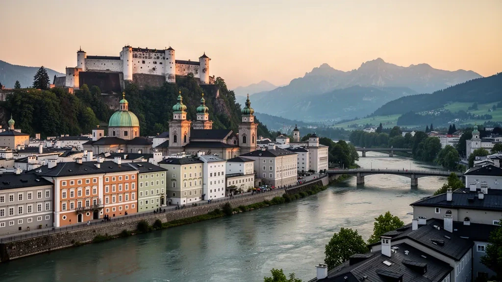 Skyline der Salzburger Altstadt mit der Festung Hohensalzburg über der Salzach und Alpenhügeln zur goldenen Stunde