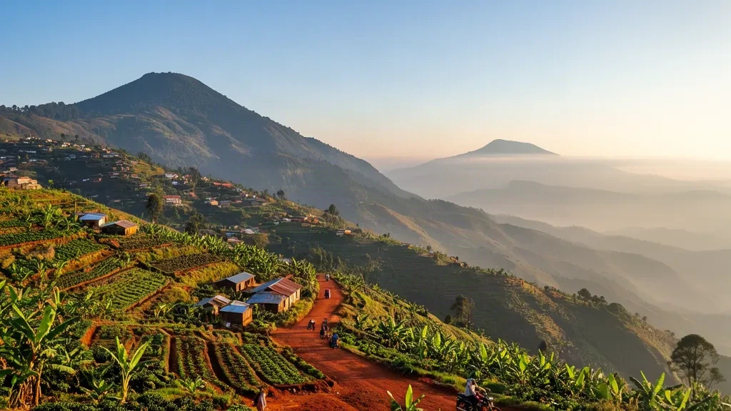Green terraced hillsides and a small hillside town in Bududa, Uganda, beneath the misty slopes of Mount Elgon at sunrise