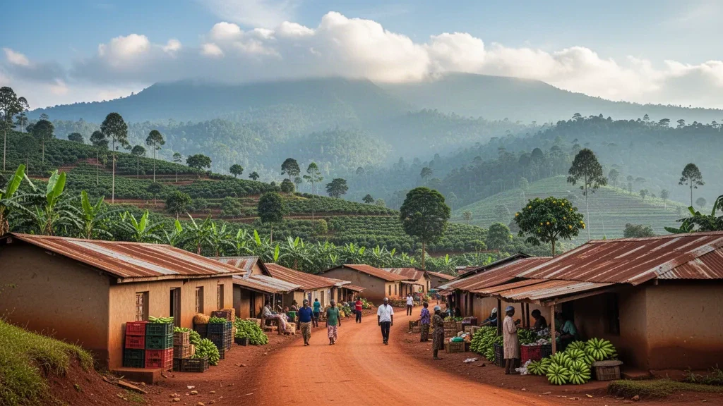 Verde ciudad comercial en la ladera de Bududa, en el este de Uganda, con tiendas de tejados de chapa y tierras de cultivo aterrazadas bajo las brumosas faldas del monte Elgon