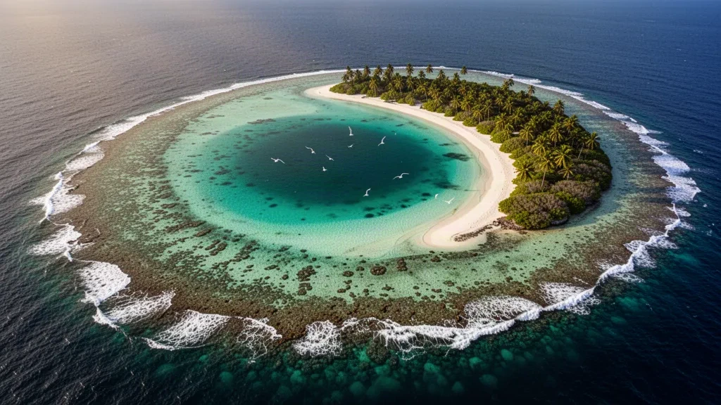 Aerial view of a ring-shaped coral atoll in the Chagos Archipelago, British Indian Ocean Territory, with turquoise lagoon and palm-fringed white sand beaches.