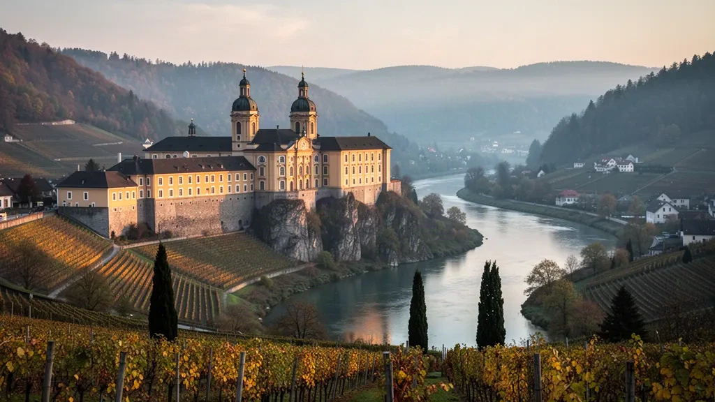Abbazia di Melk sopra il Danubio nella valle del Wachau, Bassa Austria, che risplende nell'ora d'oro tra i vigneti